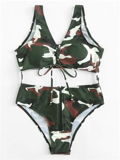 Lace Up Zip Fly Connected Two Piece Swimsuit Sheinsheinside Two