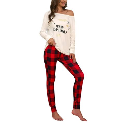 Bellella Plus Size Women Christmas Pajamas Nightwear Ladies Girls Off Shoulder Xmas Top Plaid