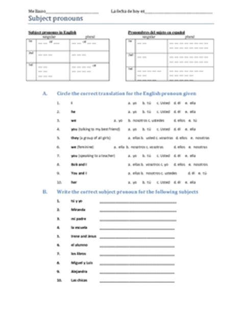 Spanish Subject Pronouns Worksheet By Maria Morrison TPT