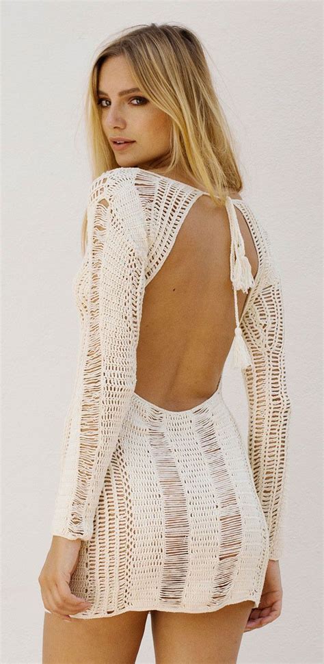 Beautiful Crochet Mini Dress With Long Sleeves This Dress Features An Open Back And Tie Closure