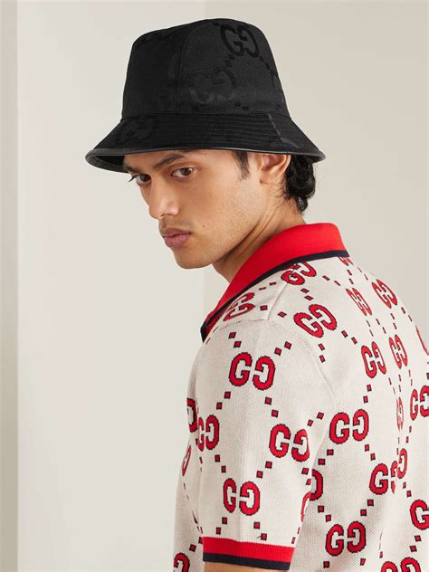 Gucci Leather Trimmed Monogrammed Cotton Blend Canvas Bucket Hat For
