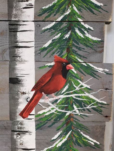 Cardinal In Pine Tree Tall White Birch With Cardinal Pine Etsy Wood