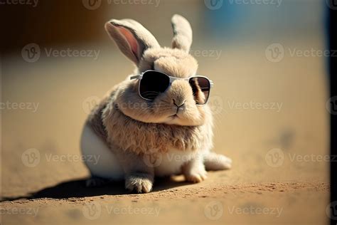 Ai Generated Cute Tiny Rabbit Little Bunny Wearing Sunglasses On The