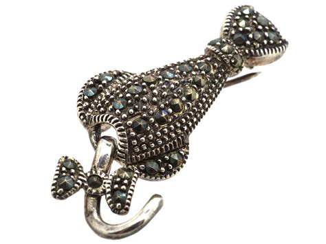 Silver Marcasite Cat Brooch L The Antique Jewellery Company