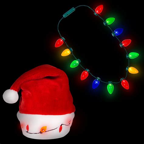 Blinking Light Up Plush Red Santa Hat Led Christmas Bulb Necklace Kit