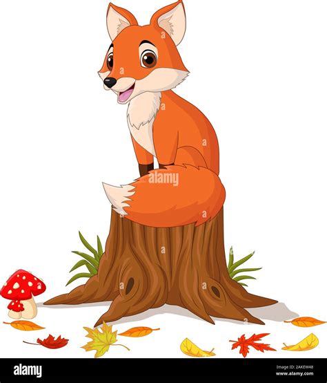 Cartoon Happy Fox Sitting On Tree Stump Stock Vector Image And Art Alamy