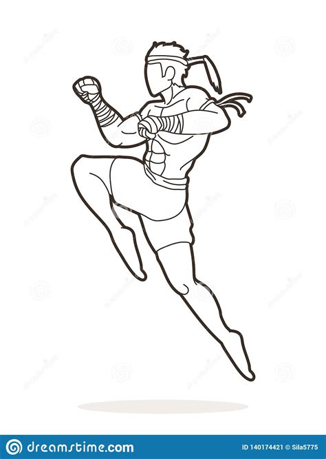 Muay Thai Fighting Thai Boxing Jumping To Attack Cartoon Graphic