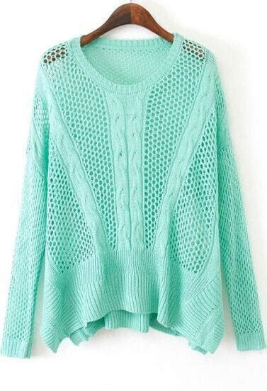 Green Long Sleeve Hollow Knit Sweater Sheinsheinside