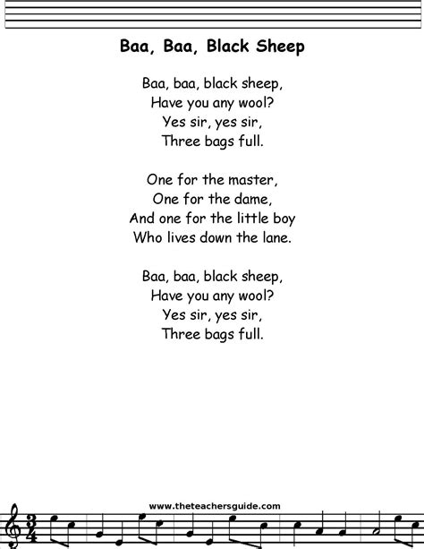 Baa Baa Black Sheep Lyrics Printout Midi And Video Nursery Rhymes