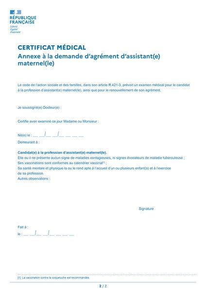 Annexe au cerfa 13394 05 Certificat médical de la Dde dagrément d