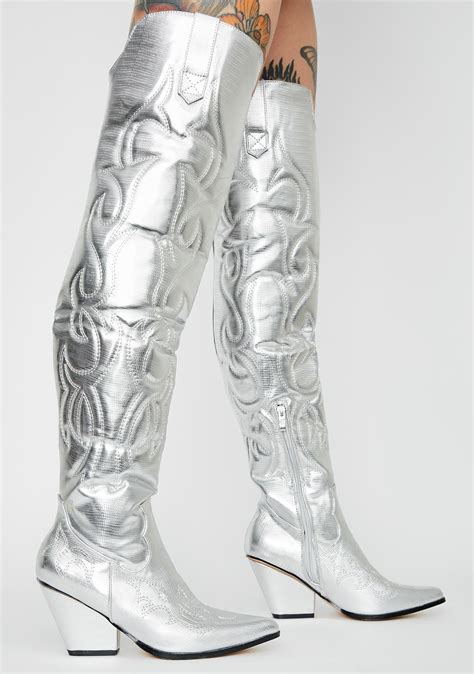 Metallic Over The Knee Cowboy Boots Silver Dolls Kill