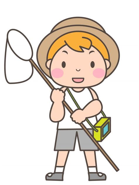 プリントカラー・モノクロ）虫取りをする麦わら帽子をかぶった男の子 無料イラスト素材｜素材ラボ