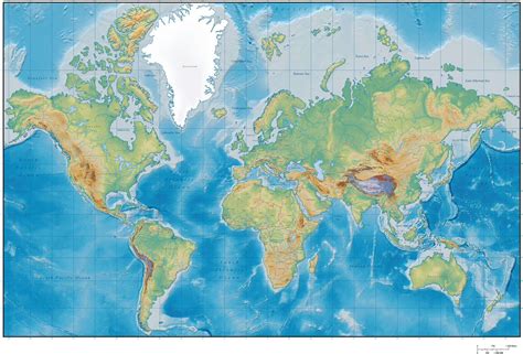 Digital Terrain World Map Mercator Projection With Country Borders