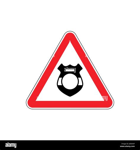 Warning Cop Police Badge On Red Triangle Road Sign Attention Stock