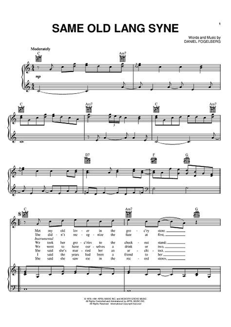 Buy Same Old Lang Syne Sheet Music By Dan Fogelberg For Pianovocal