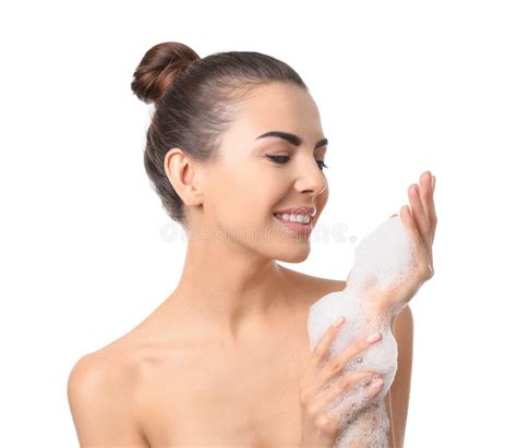 Beautiful Young Woman With Soap Foam On White Background Stock Image Image Of Douche