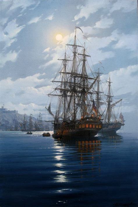Night Seascape By Alexander Shenderov Original Oil Painting On Canvas