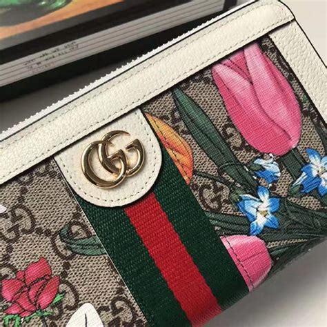 Gucci Gg Women Ophidia Gg Flora Zip Around Wallet In Beigeebony Gg