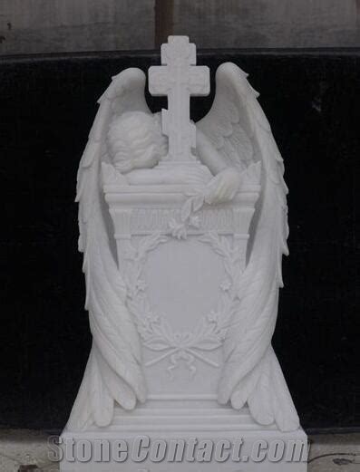 White Marble Handcarving Weeping Angel Cross Headstone Tombstone From China