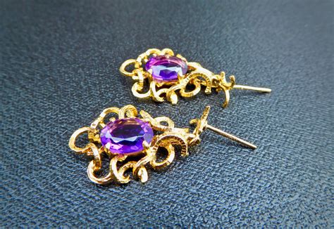 Vintage Yellow Gold Large Oval Vivid Amethyst Drop Earrings Etsy