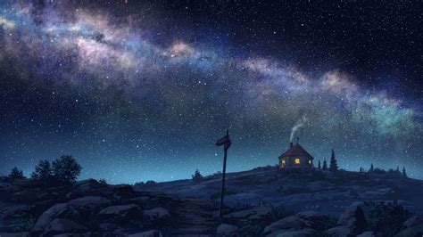 Download 1920x1080 Anime Starry Sky Night House Anime Landscape