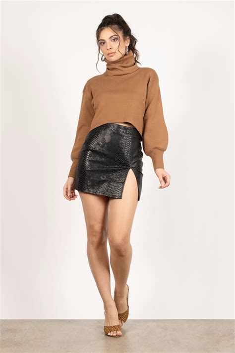 Hey Girl Faux Leather Croc Print Slit Mini Skirt In Black 22 Tobi Us