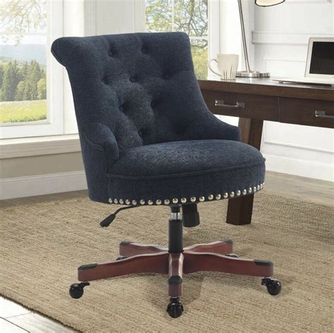 Upholstered wayfair basics high back swivel with wheels ergonomic executive chair. Executive Office Chair Armless Wood Base Wheels Blue Upholstered Desk Furniture #DevineBestBuys ...