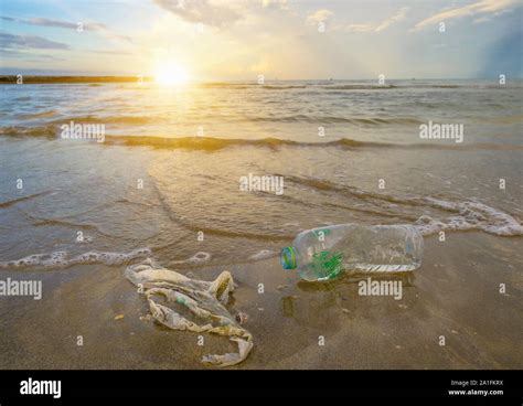 Garbage The Beach Sea Plastic Bottle Lies On The Beach And Pollutes The