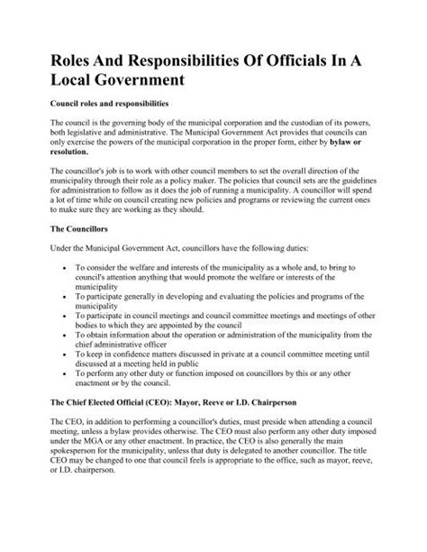 Roles And Responsibilities Of Officials In A Local Government Pdf