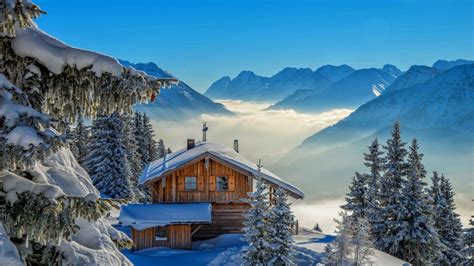 Full Hd Winter Landscape Wallpaper Wooden House In The Mountains