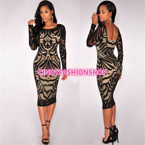 New Women Sexy Club Long Sleeve Lace O Neck Casual Bandage Bodycon Party Dress Ebay