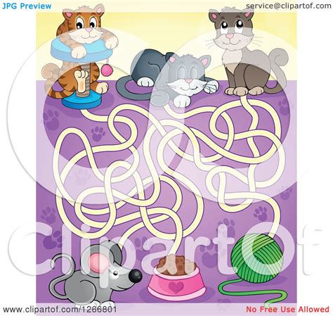 Clipart Of A Cat Maze Leading To Yarn Pet Food And A Mouse Royalty