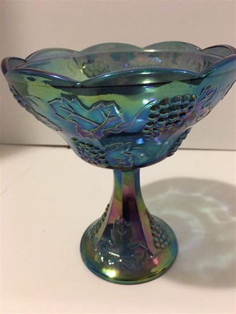 Vintage Blue Carnival Glass Covered Pedestal Candy Etsy Blue