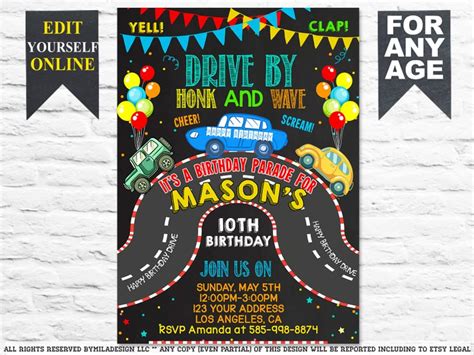 Drive By Birthday Parade Invitation Drive Through Birthday Etsy