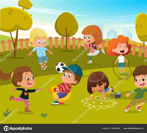 Deja que los niños disfruten al máximo del jardín, de la naturaleza u otros exteriores. Baby juego Kindergarten juegos ilustración. Los niños ...
