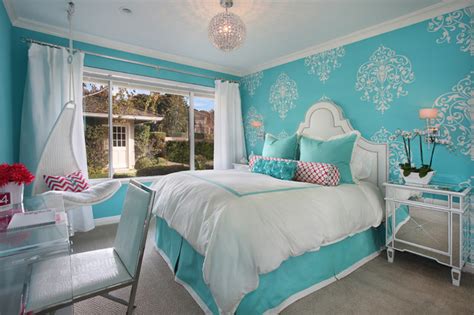 Take a look at our fun tiffany blue bedroom home decor ideas at www.creativehomedecorations.com. Tiffany Blue Girl's Room - Transitional - Bedroom - orange ...