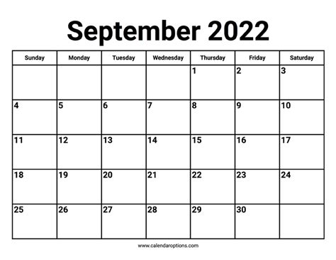 September 2022 Calendars Calendar Options