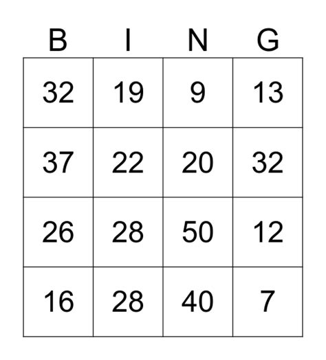 1 50 Bingo Card