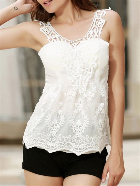 Off White M V Neck Embroidered Lace Tank Top