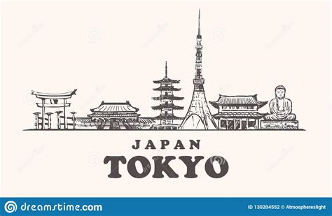 Tokyo Skyline Japan Vintage Illustration Hand Drawn Buildings Of