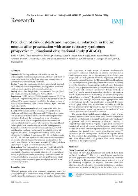 Pdf Prediction Of Risk Of Death And Myocardial Infarction In The Six