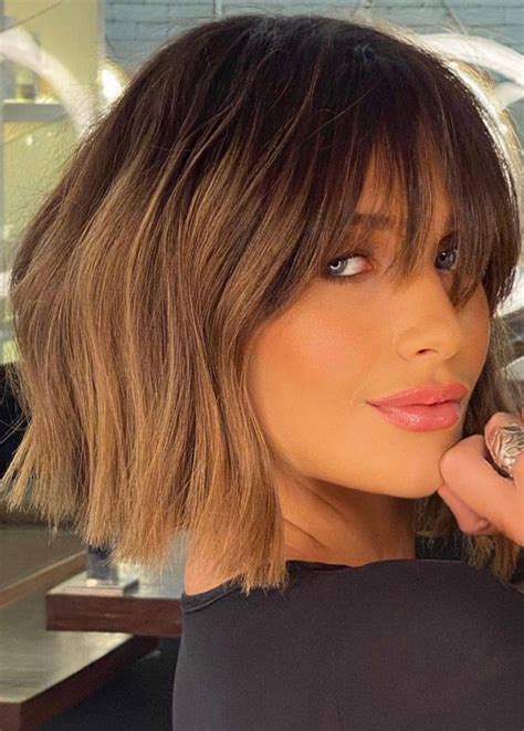 50 Long Bobs And Bob Haircuts To Shake Up Your Look Caramel Balayage Blunt Bob With Fringe