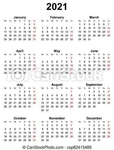 Simple Editable Vector Calendar For Year 2021 Sundays In Red Mondays