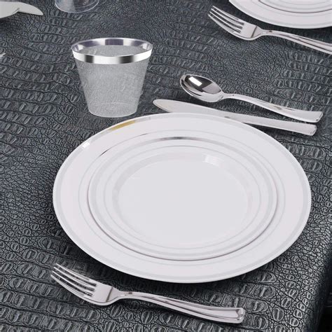 Wholesale Piece Silver Disposable Dinnerware Set Silver Rimmed Plastic Plates