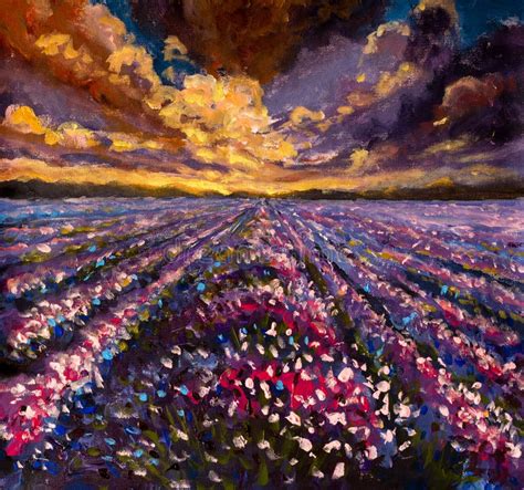 Colorful Lavender Field At Sunset Painting Stock Illustration