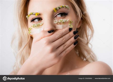 Naked Beautiful Blonde Woman Wildflowers Eyes Covering Mouth Isolated