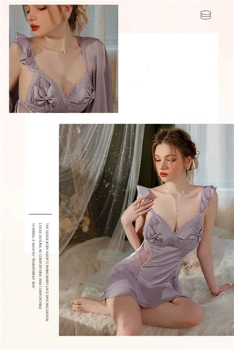 Sexy Deep V Lace Satin See Through Nightgown Sleepwear Florashe