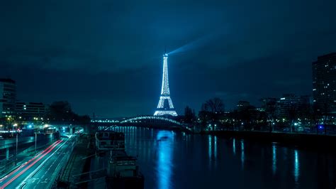 Paris Eiffel Tower Night City River Bridge Desktop Background