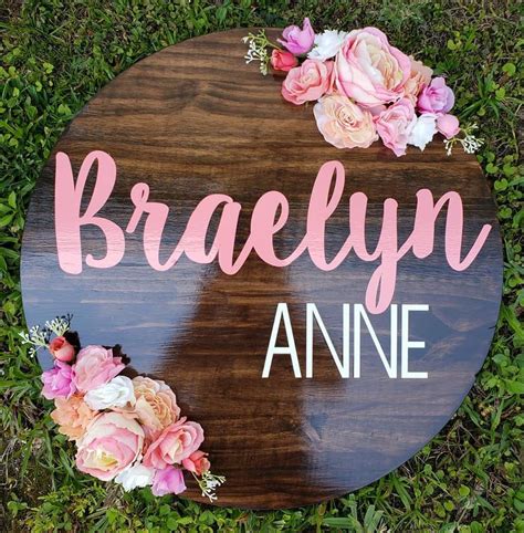 Round Wooden Name Sign 18 Nursery Name Sign Floral Etsy Baby Girl
