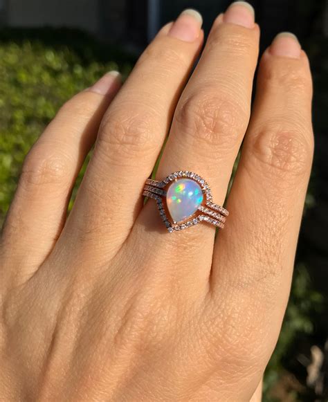 Genuine Pear Opal Halo Engagement 3 Ring Set 1ct Opal Bridal Ring Set